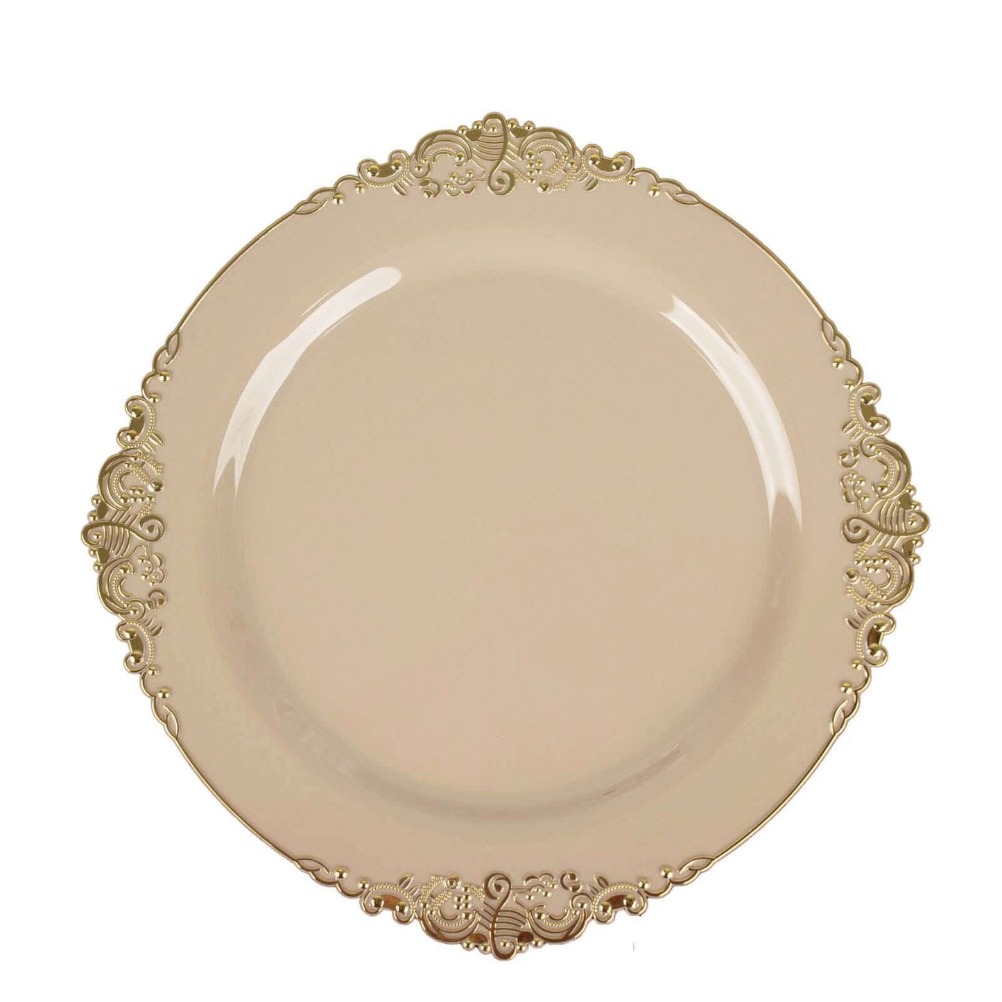 10-Pack Plastic 10" Round Dinner Plates in Taupe with Gold Leaf Embossed Rim - Disposable Vintage Baroque Style Plates