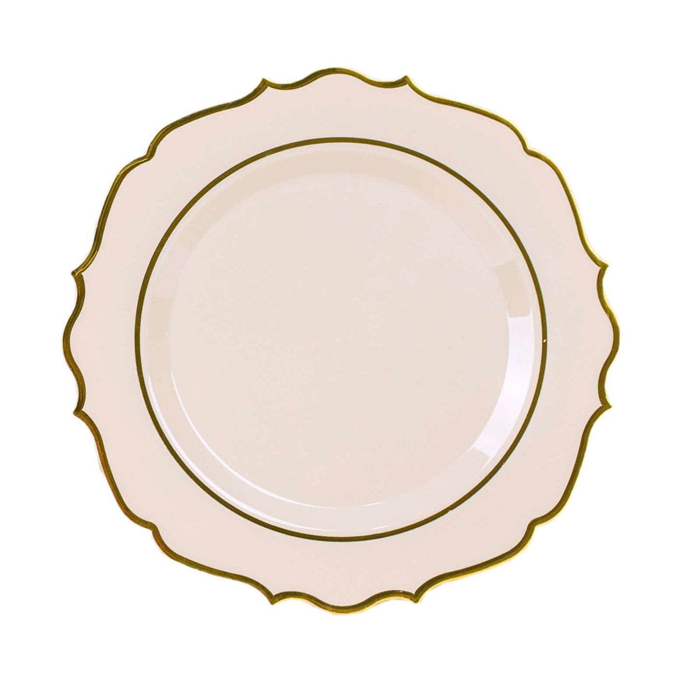 10-Pack Plastic 8" Round Dessert Plates in Taupe with Gold Scalloped Rim - Disposable Appetizer/Salad Plates