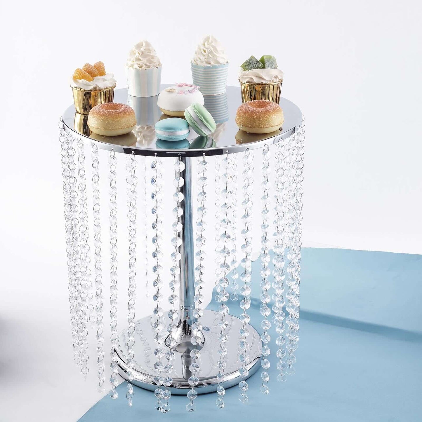 Metal Cake Stand Round Design Metallic Silver with Crystal Chains 14" Dia - Cupcake Dessert Pedestal 16"Tall