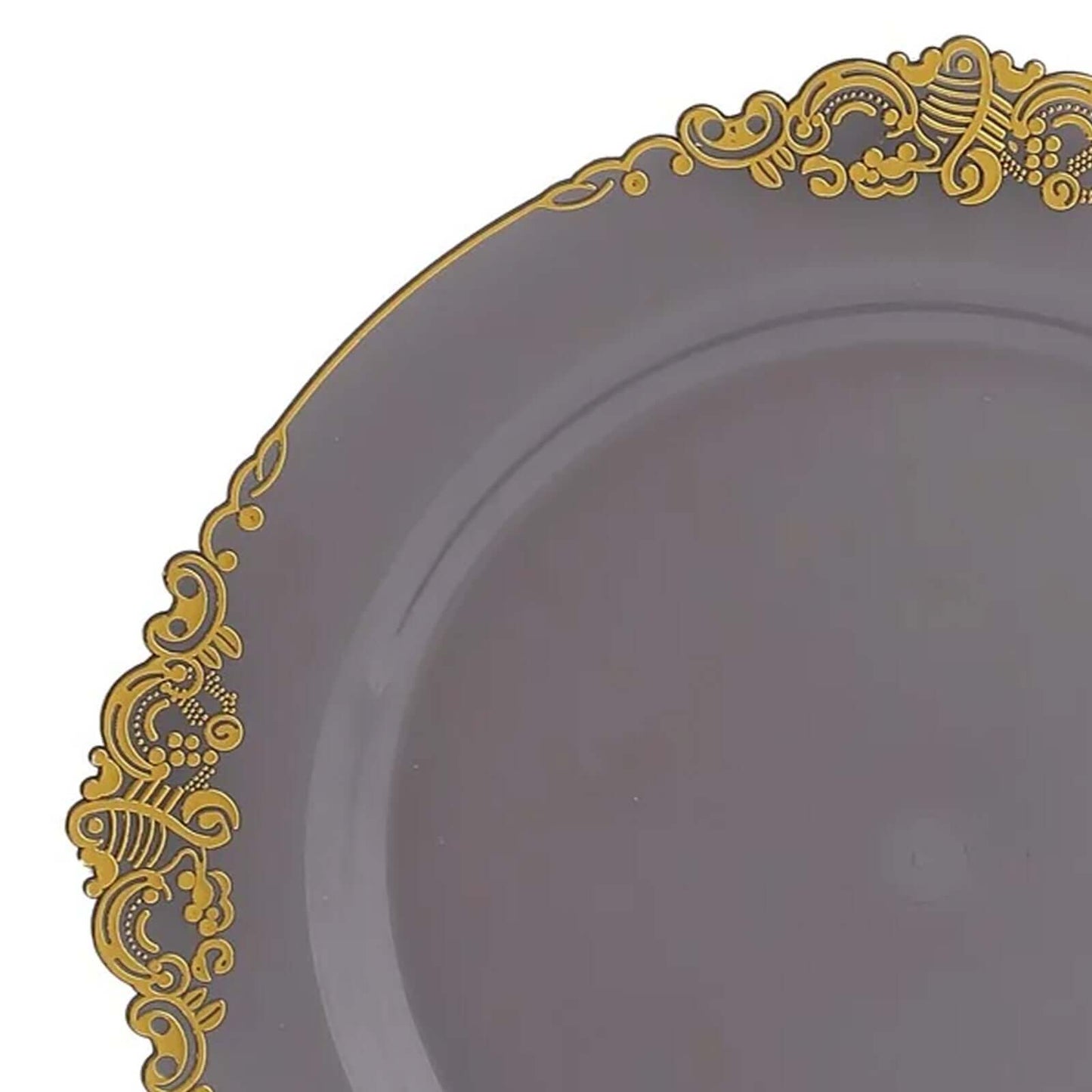 10-Pack Plastic 10" Round Dinner Plates in Transparent Black with Gold Leaf Embossed Rim - Disposable Vintage Baroque Style Plates