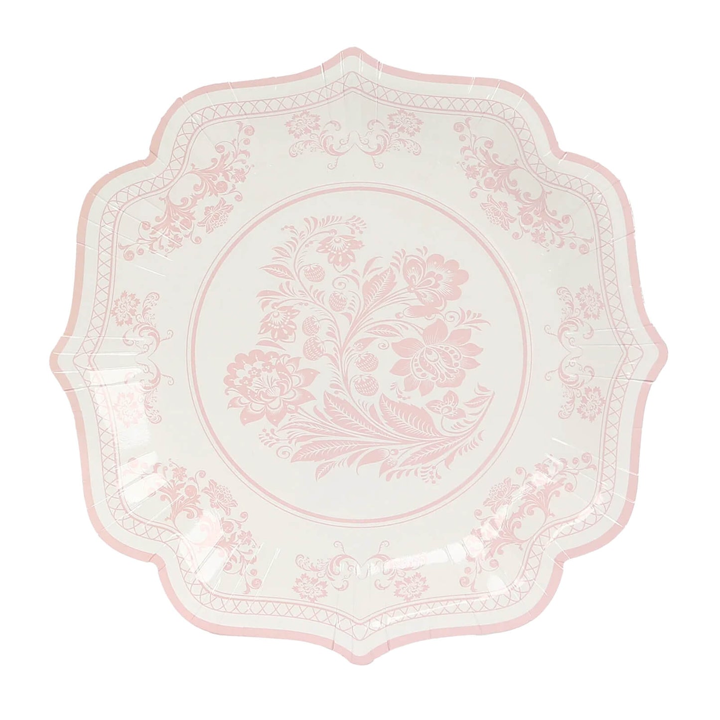25-Pack Paper Dinner Plates in White Pink Damask Floral Pattern & Scallop Rim - Stylish Disposable 300GSM Floral Party Plates 10"