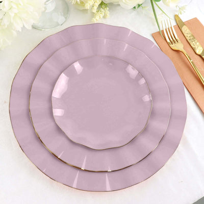 10-Pack Plastic 11" Round Dinner Plates in Lavender Lilac Ruffled Rim with Gold Edging - Sturdy Disposable Dinnerware