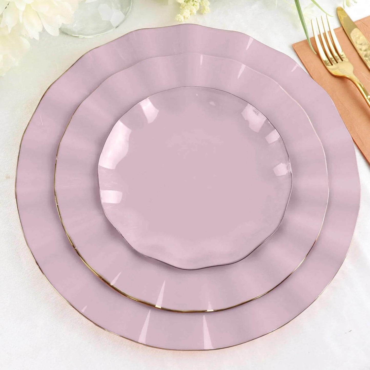 10-Pack Plastic Round 6" Dessert Plates in Lavender Lilac Ruffled Rim with Gold Edging - Sturdy Disposable Salad Appetizer Dinnerware