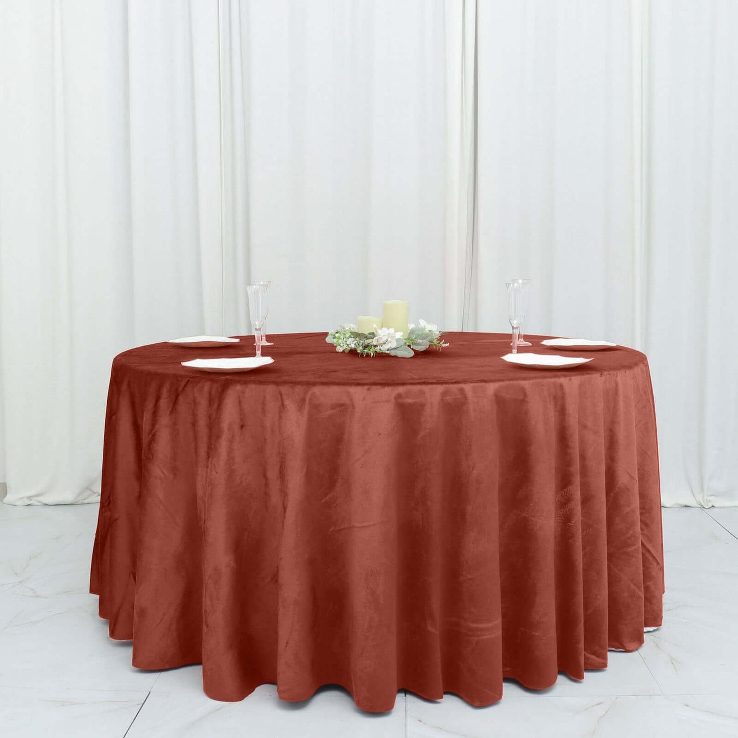 Premium Velvet 120" Round Tablecloth Terracotta (Rust) - Reusable Soft & Seamless Table Cover