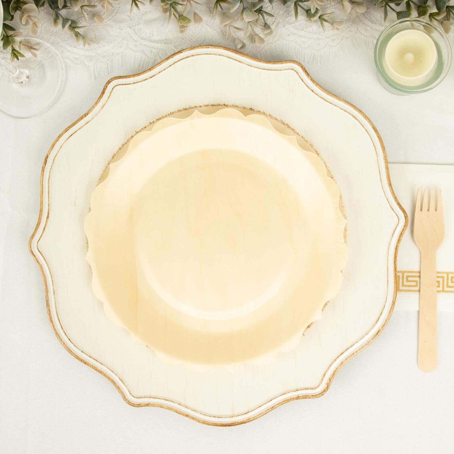 12-Pack Birchwood 9" Round Dinner Plates in Natural with Scalloped Rim - Eco Friendly Wooden Disposable Plates for Farmhouse-Style Events, Parties & Gatherings