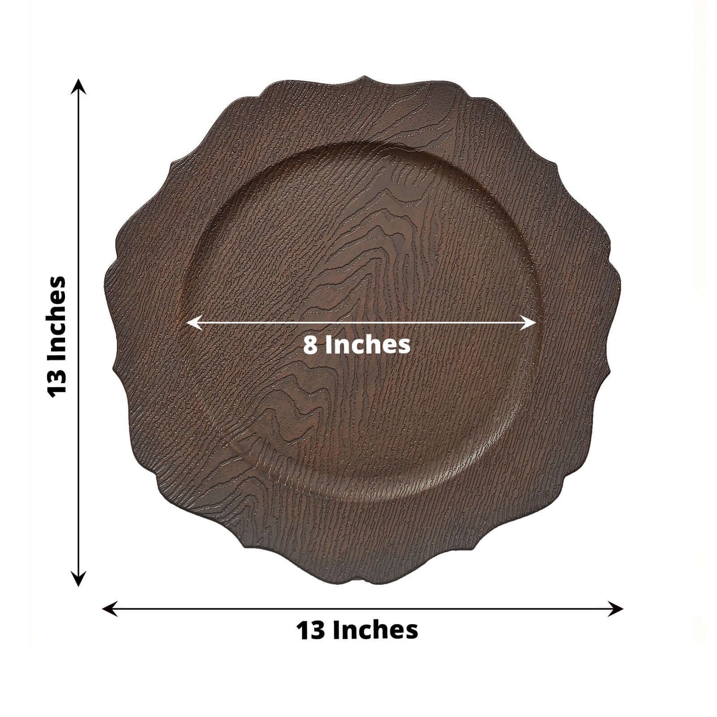 6-Pack Acrylic Round Charger Plates 13" in Rustic Brown with Wood Grain Scalloped Rim, Decorative Dinner Party Charger Tableware