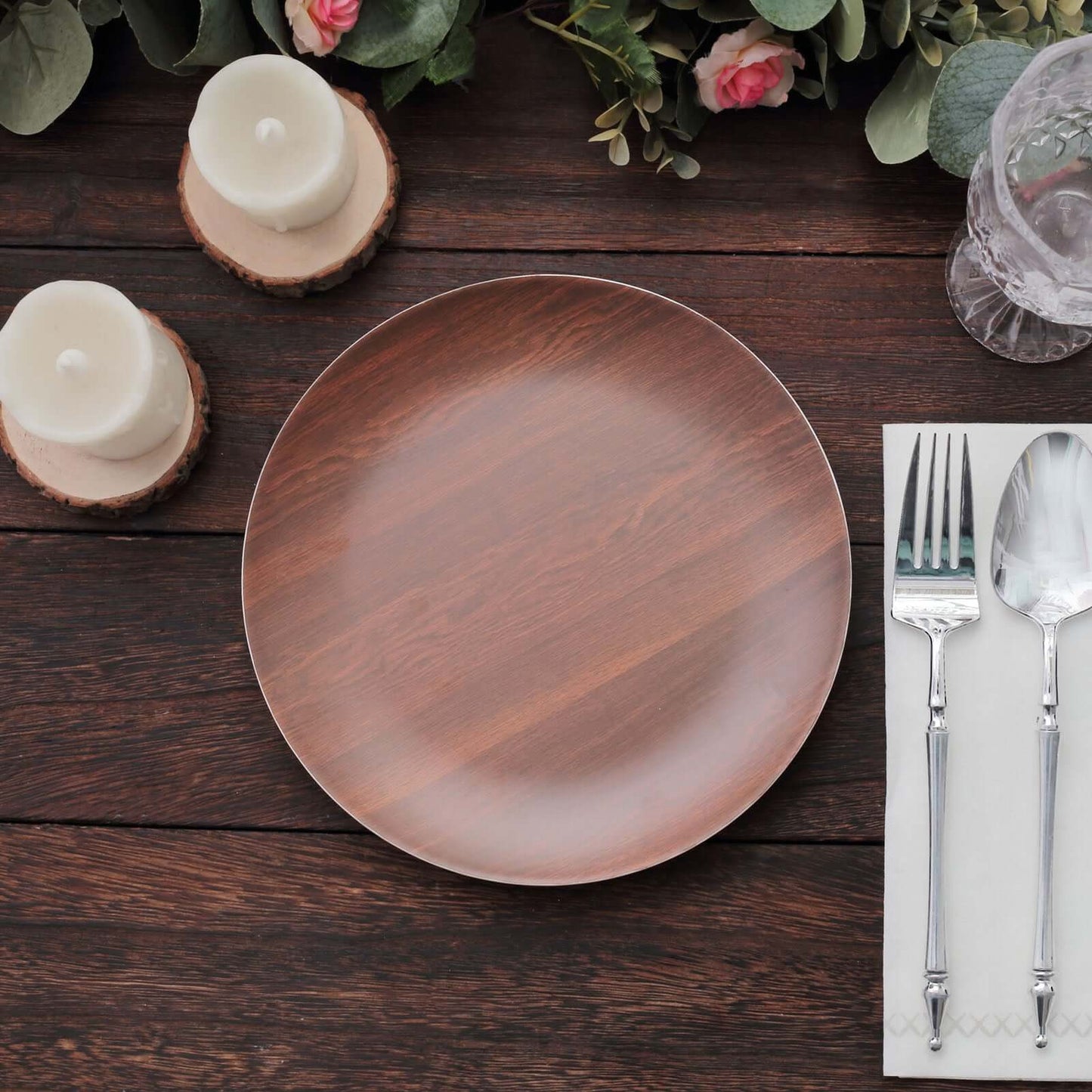 Pack of 6 Melamine 8" Round Dessert Plates in Brown Wood Grain Print - Disposable Shatterproof Appetizer Salad Plates for Rustic Farmhouse-Inspired Table Decor