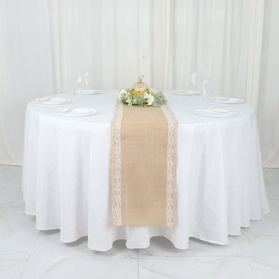 Burlap Jute 14"x104" Table Runner Natural With White Lace Trim Edges - Rustic Vintage Tabletop Decor