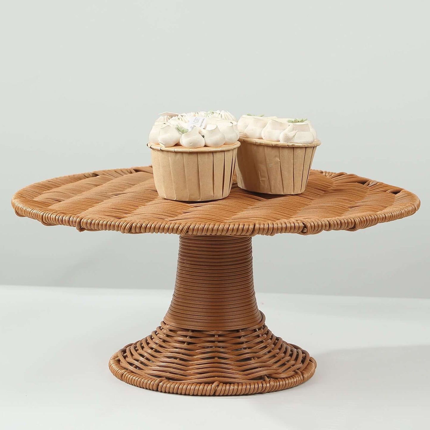 Plastic Round Rattan Wicker Pedestal Cake Stand Natural for Home Parties & Events 12"