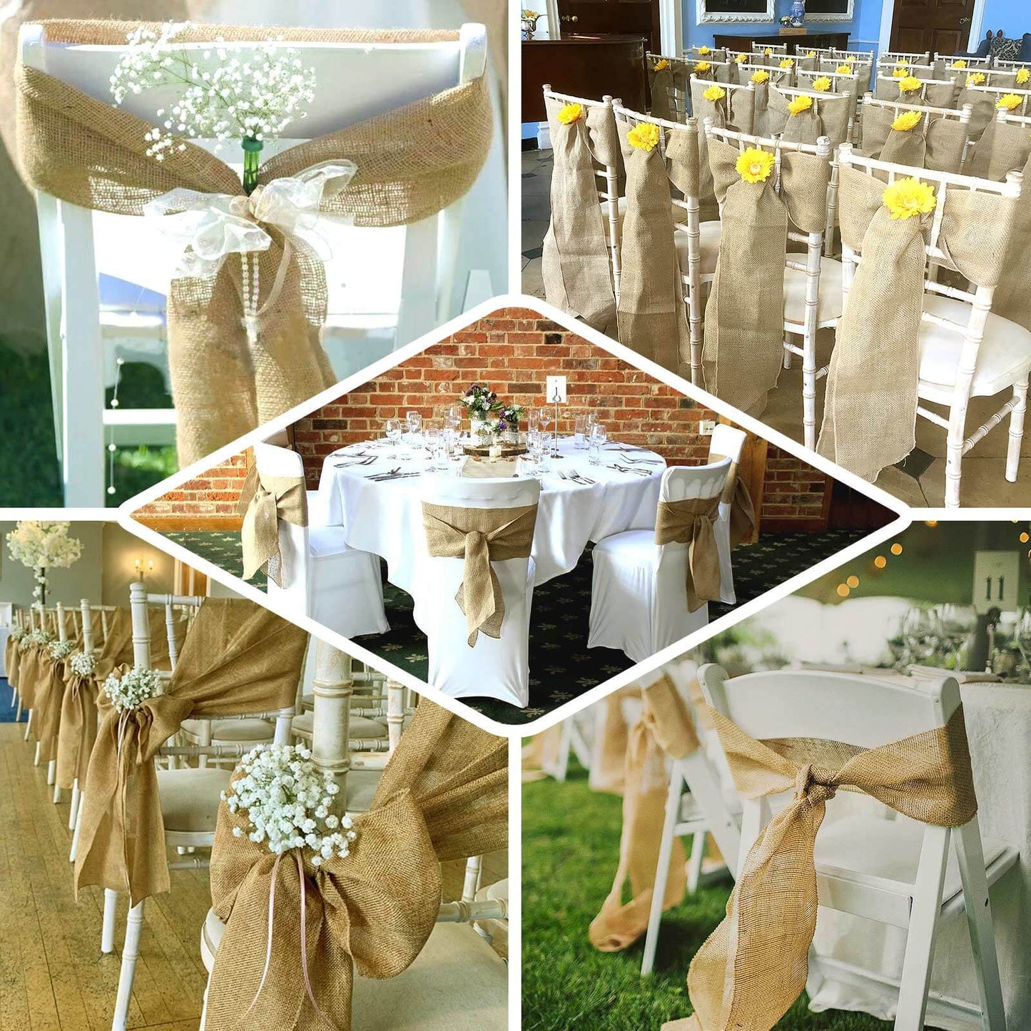 5 Pack Jute Faux Burlap 6"x108" Chair Sashes Gold - Boho Chic Linen Decor for Weddings & Gatherings