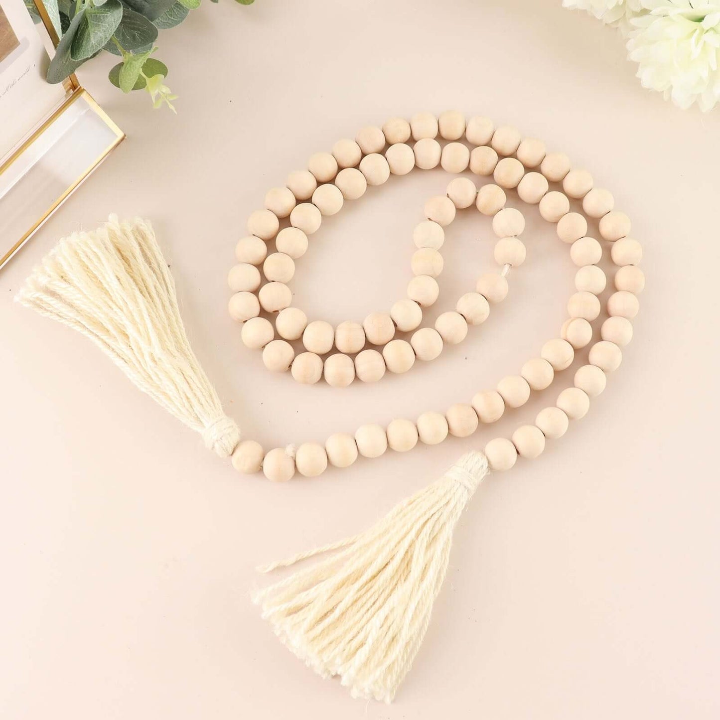 55" Cream Rustic Boho Chic Wood Bead Garland With Tassels, Farmhouse Country Wood Bead Chain