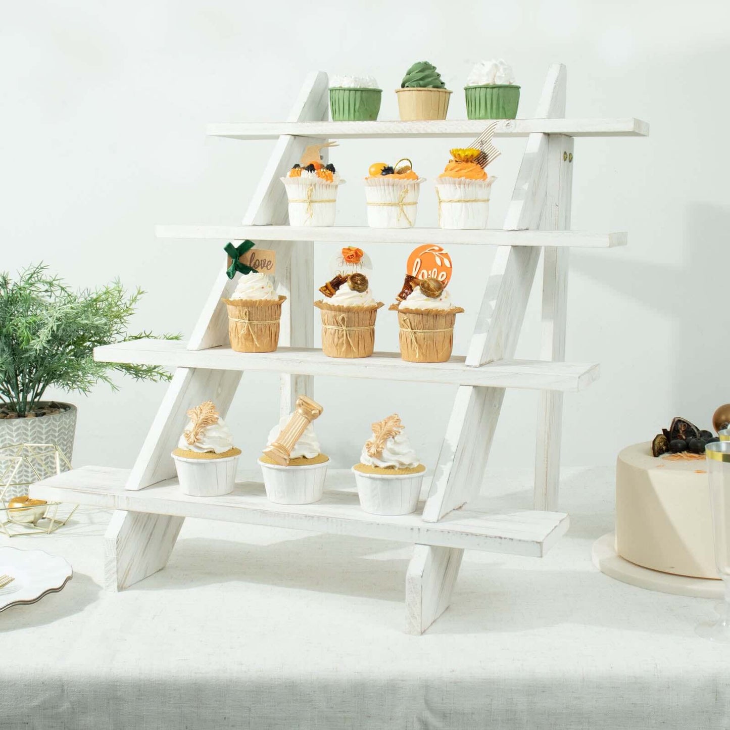 4-Tier Wooden Ladder Shelf Whitewashed Rustic Design - Cascading Stair Step Dessert Display Cupcake Holder 21"