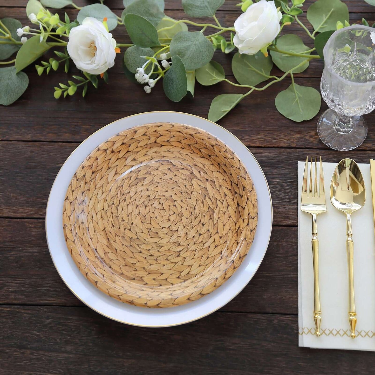 25-Pack Paper 9" Round Dinner Plates Natural with Woven Rattan Print - Rustic Farmhouse Disposable 300GSM Party Plates for Country Chic Celebrations