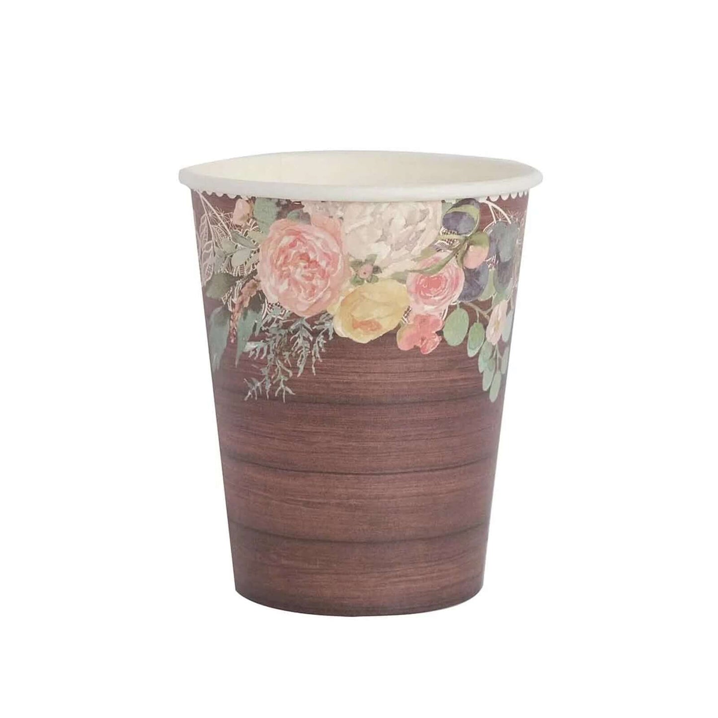24-Pack Paper Cups 9oz Brown Wood Print with Floral Lace Rim - Chic Disposable Party Cups for Rustic Decor & Themed Parties