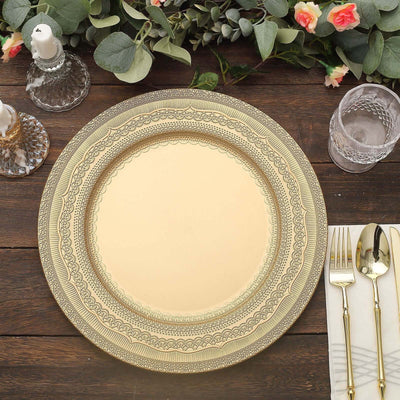 6-Pack Acrylic Round Charger Plates 13" in Gold with Lace Embossed Rim, Rustic Plastic Decorative Charger Tableware