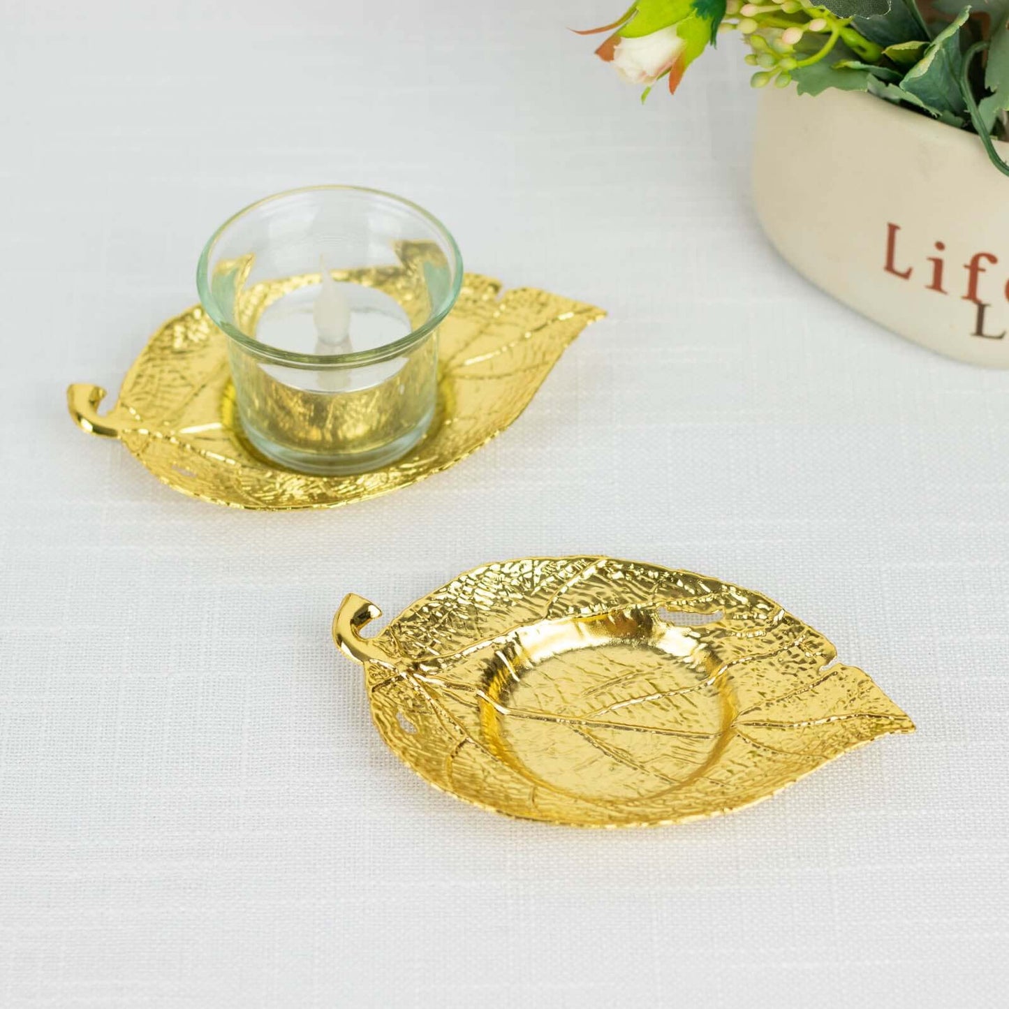 3-Pack Metal Votive Candle Holders Maple Leaf Design Shiny Gold - Vintage Mini Tea Cup Saucers 5"