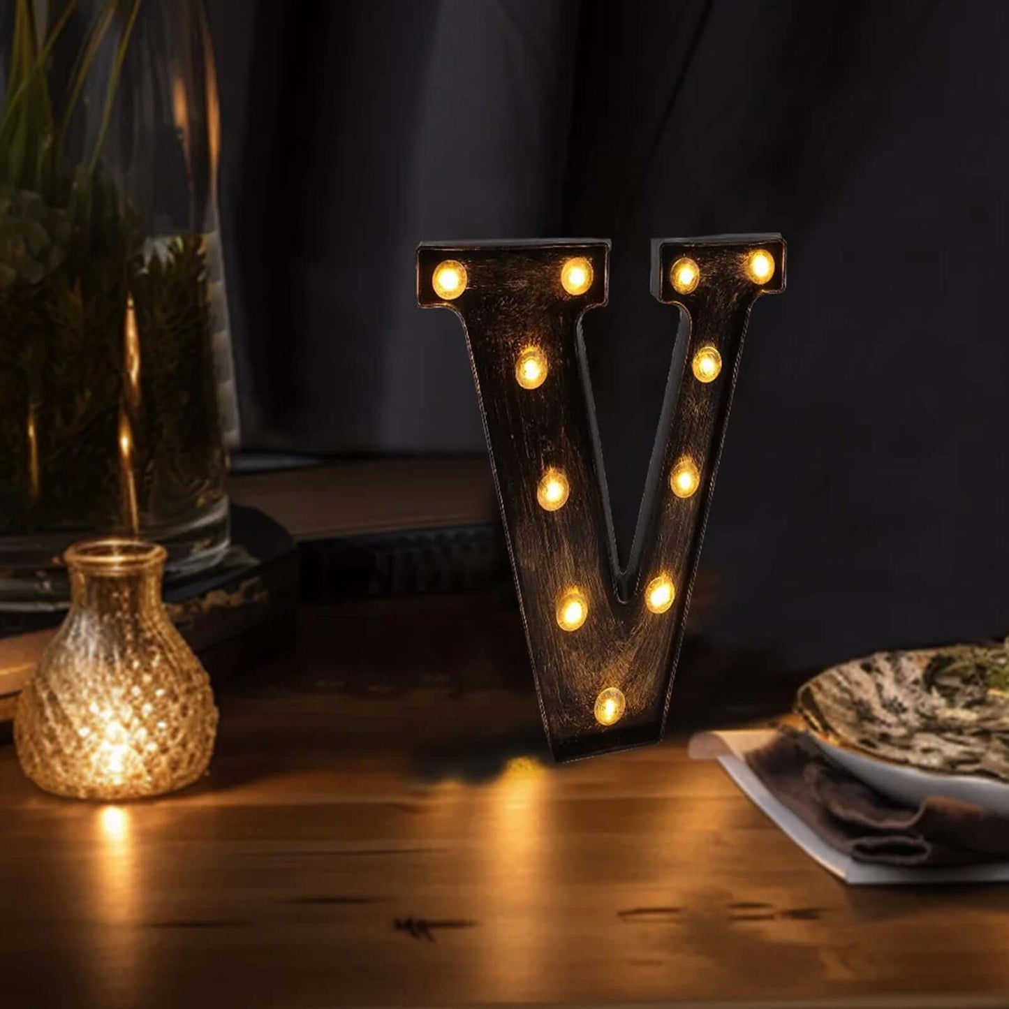 LED Marquee Letter "V" Industrial Style Antique Black - Light-Up Alphabet Sign for Weddings & Displays 9"