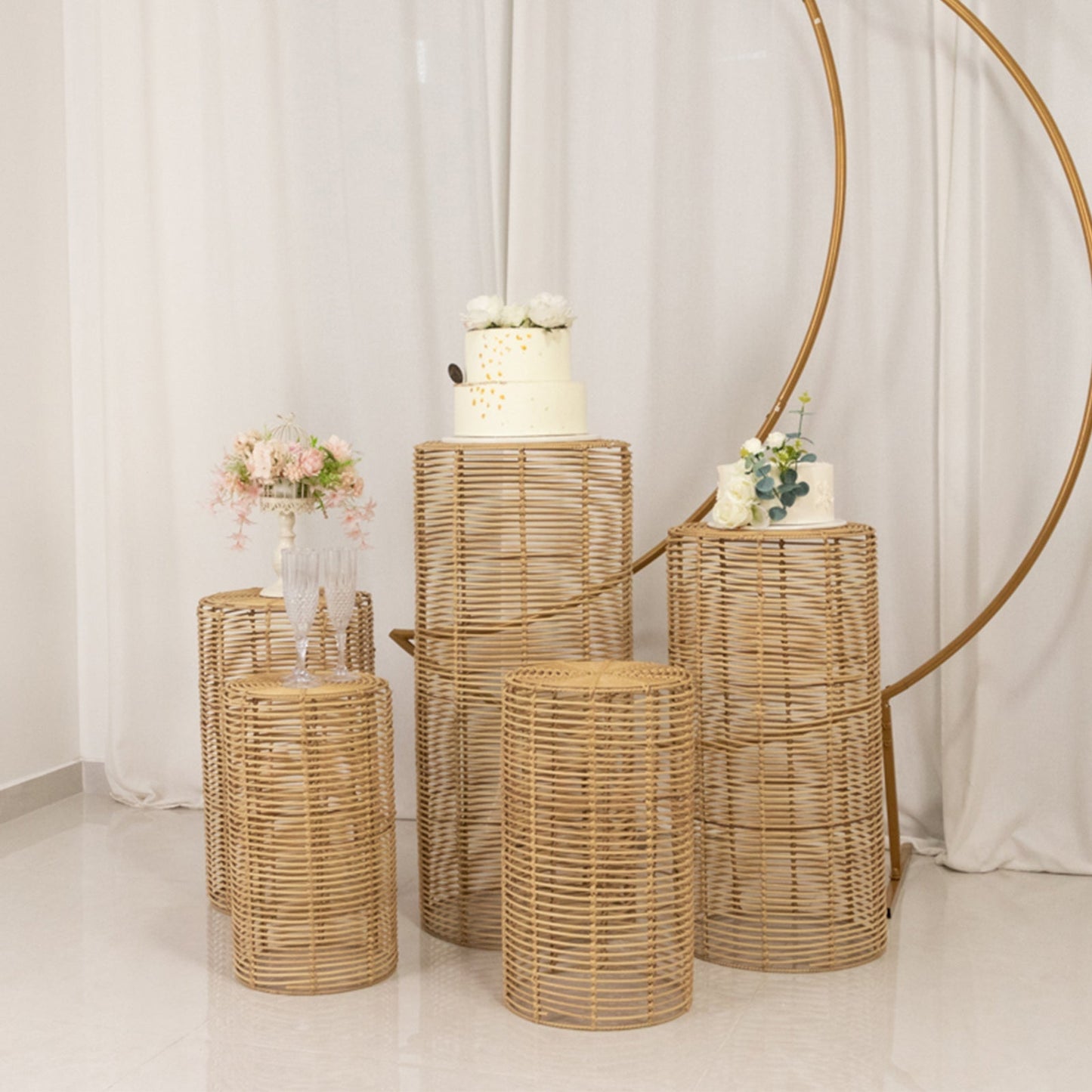 Set of 5 Natural Woven Rattan Wicker Pedestal Stands, Boho Chic Side Table Cylinder Cake Dessert Plant Display Stands - 20",21",24",29",36"