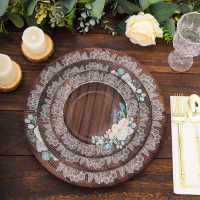 25-Pack Paper 8" Round Dessert Plates in Brown Wood Print with Floral Lace Rim - Disposable Salad Appetizer Plates for Farmhouse Events & Rustic Themes