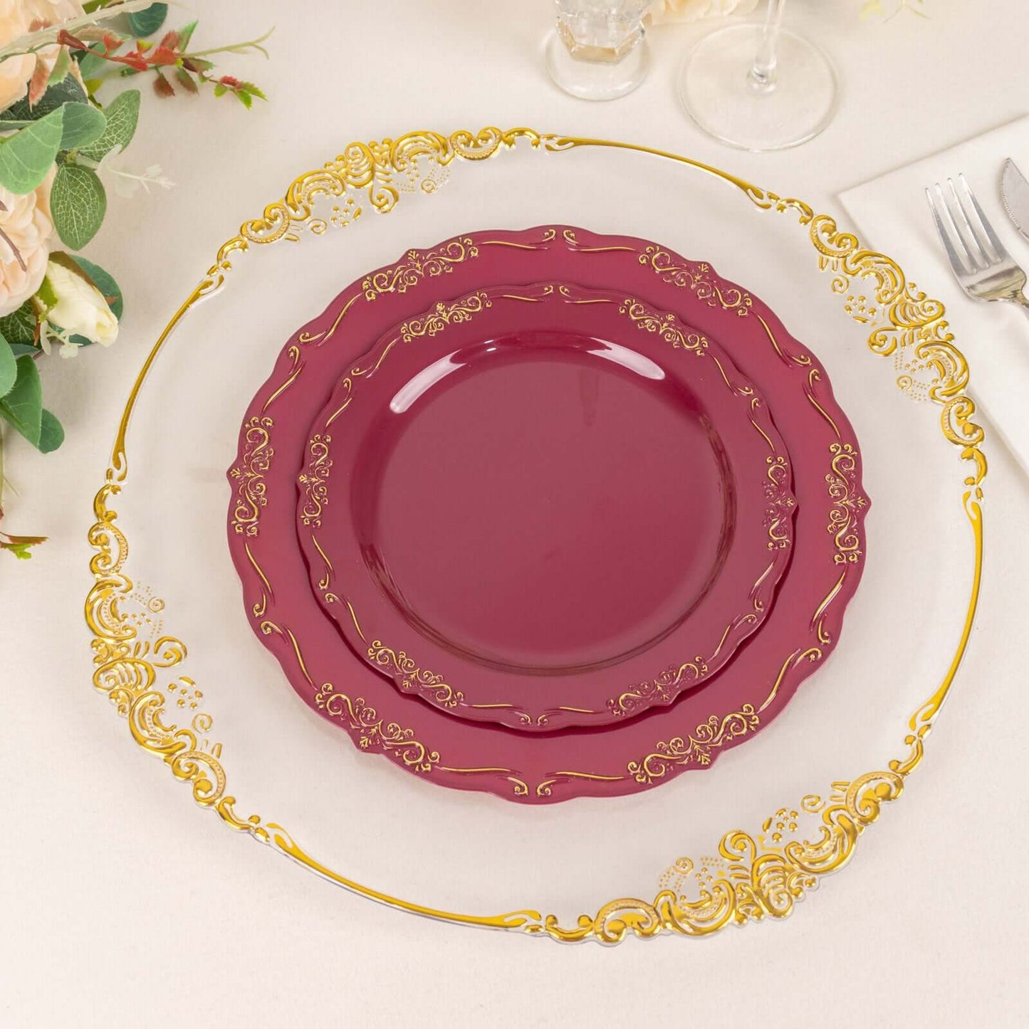 10-Pack Plastic 7" Round Dessert Plates in Burgundy with Gold Vintage Embossed Rim - Sturdy Disposable Scalloped Edge Salad Plates