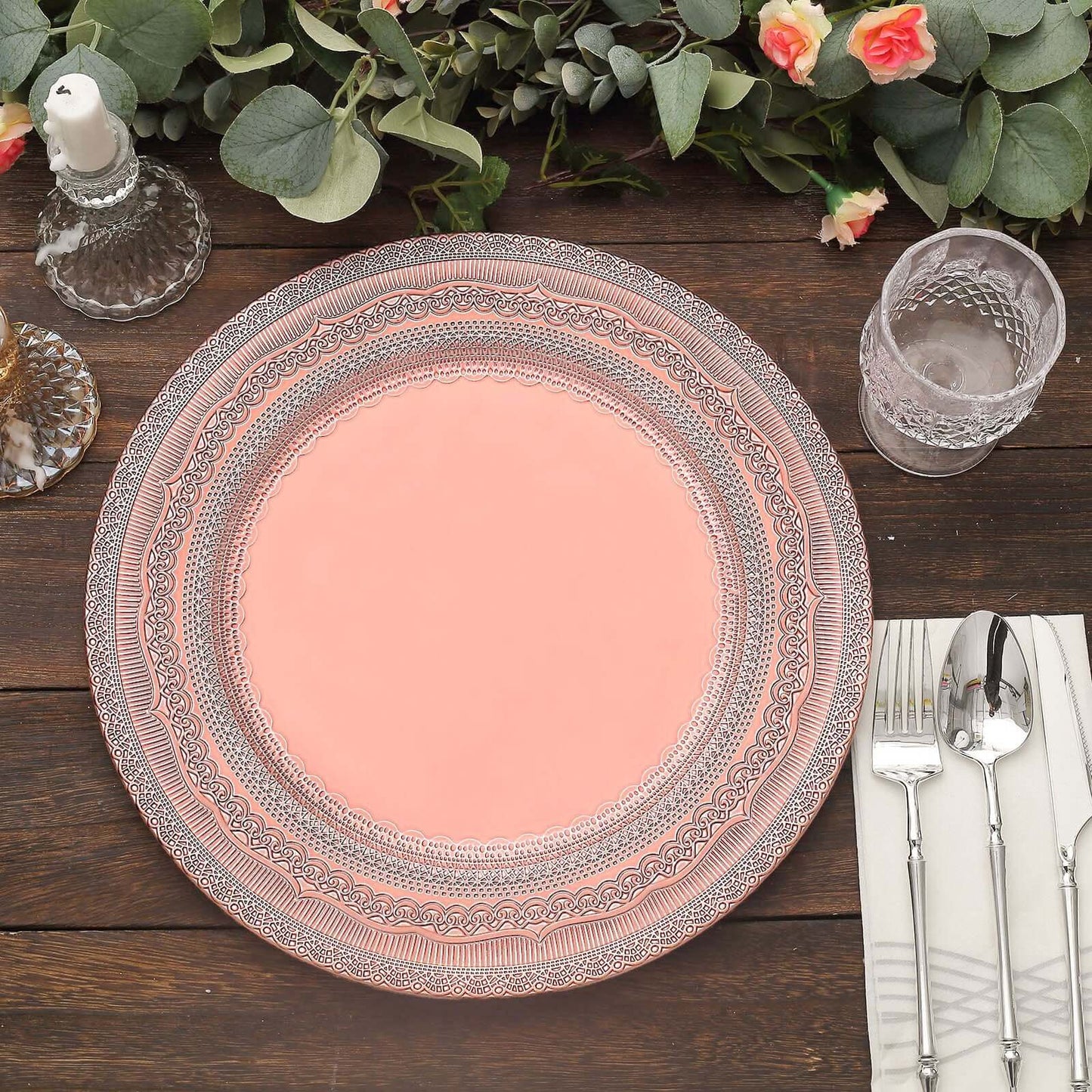 6-Pack Acrylic Round Charger Plates 13" in Rose Gold with Lace Embossed Rim, Rustic Plastic Decorative Charger Tableware