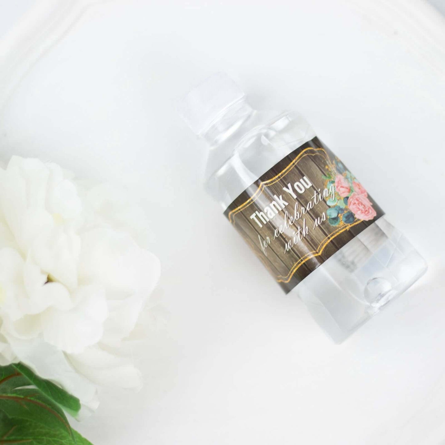 24 Pack Rustic Water Bottle Labels Wood Print with Gold Floral Frame "Thank You" Waterproof Bottle Stickers