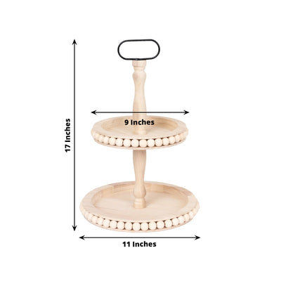 2-Tier Wooden Serving Tray Stand Beaded Design with Metal Handle Natural - Round Rustic Farmhouse Cupcake Display 17"