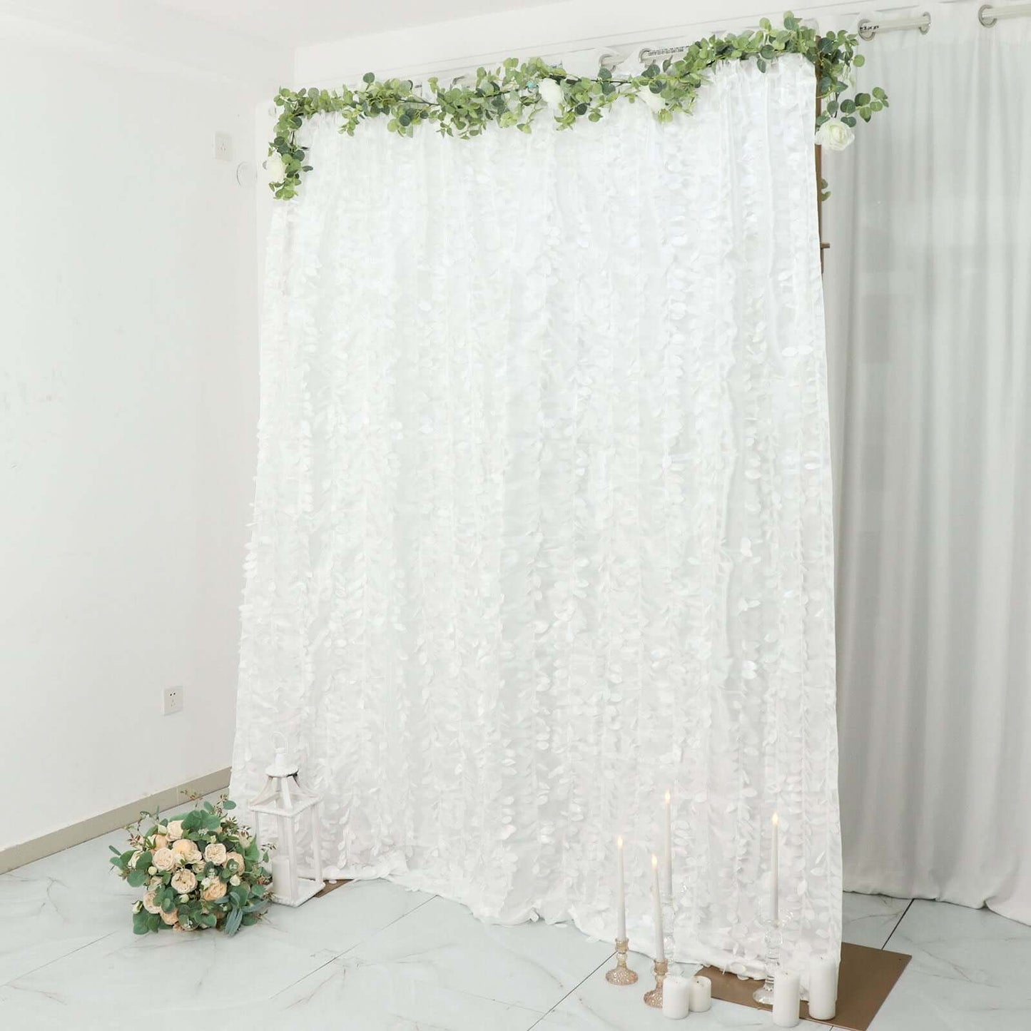8ftx8ft White 3D Leaf Petal Taffeta Event Curtain Drapes, Backdrop Event Panel With Rod Pocket