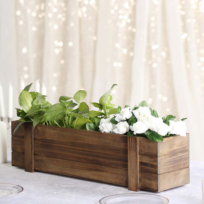 Rustic Wood Planter Box Smoked Brown - Durable Event Decor with Removable Plastic Liner 24"x6" - Linen Luxes