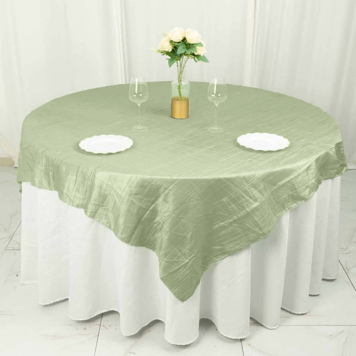 Taffeta 72"x72" Table Overlay Square Tablecloth Sage Green - Accordion Crinkle Table Cover