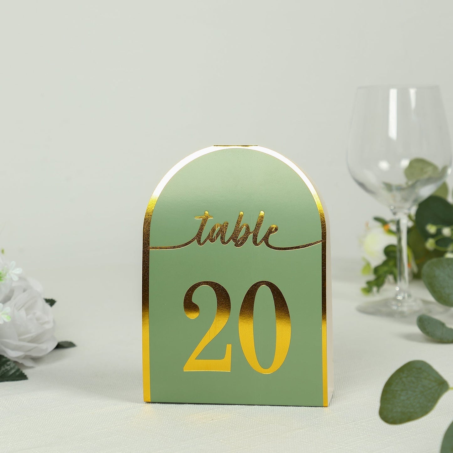 25-Pack 7" Disposable Table Numbers, Sage Green Free Standing Double Sided Table Number Place Cards with Metallic Gold Foil Numbers 1-25