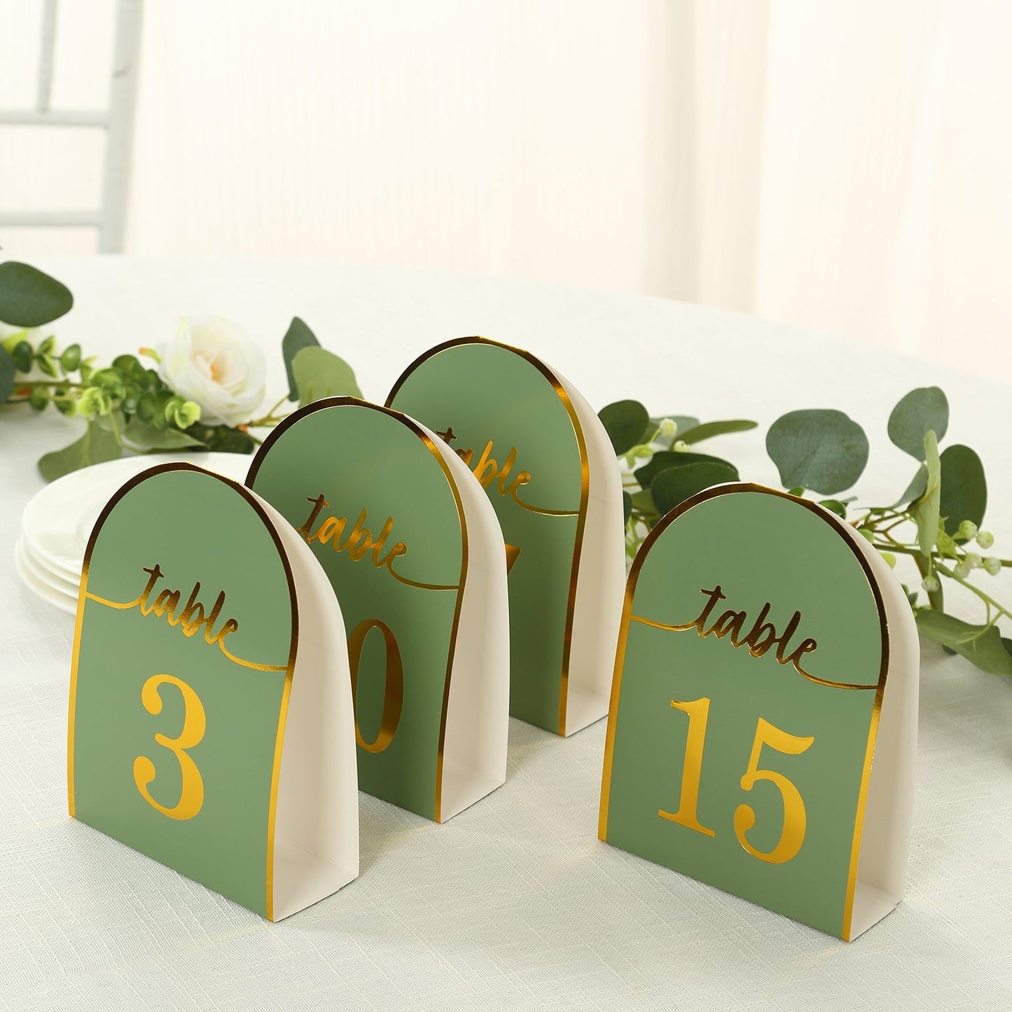 25-Pack 7" Disposable Table Numbers, Sage Green Free Standing Double Sided Table Number Place Cards with Metallic Gold Foil Numbers 1-25