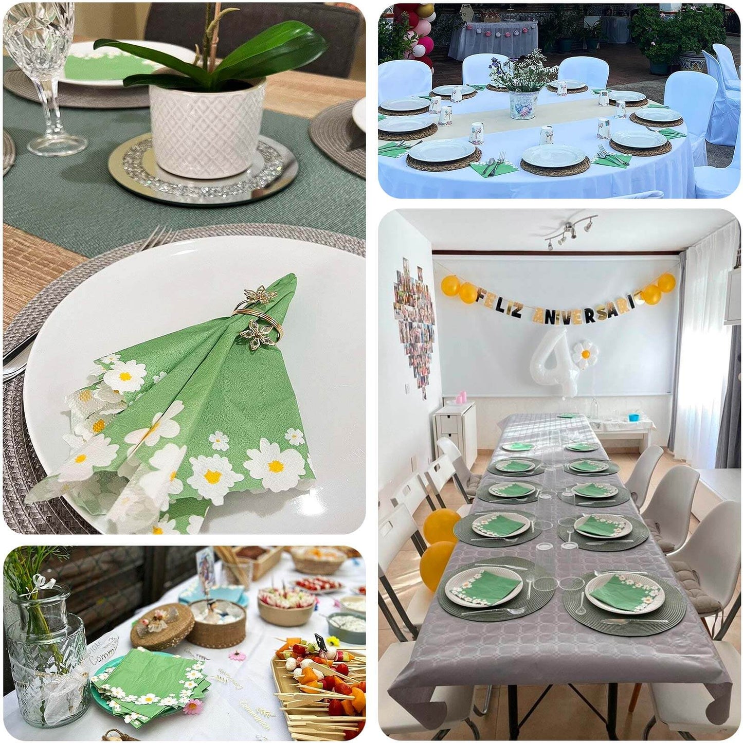 20-Pack Paper Beverage Napkins with Daisy Flower Design Sage Green - 2 Ply Soft 18GSM Floral Wedding Napkins 6.5"x6.5"