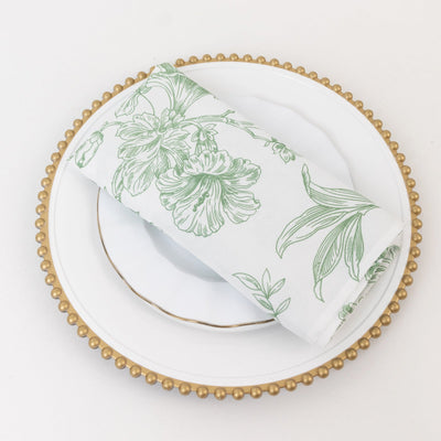 5 Pack Polyester 20"x20" Dinner Napkins White with Dusty Sage Green French Toile Pattern - Reusable Floral Cloth Napkins
