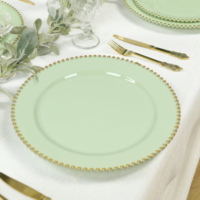 10-Pack Economy Round Plastic Charger Plates 13" in Sage Green with Gold Beaded Rim, Stylish Dinner Party Serving Plates