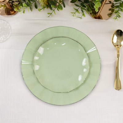 10-Pack Plastic Round 6" Dessert Plates in Sage Green Ruffled Rim with Gold Edging - Sturdy Disposable Salad Appetizer Dinnerware