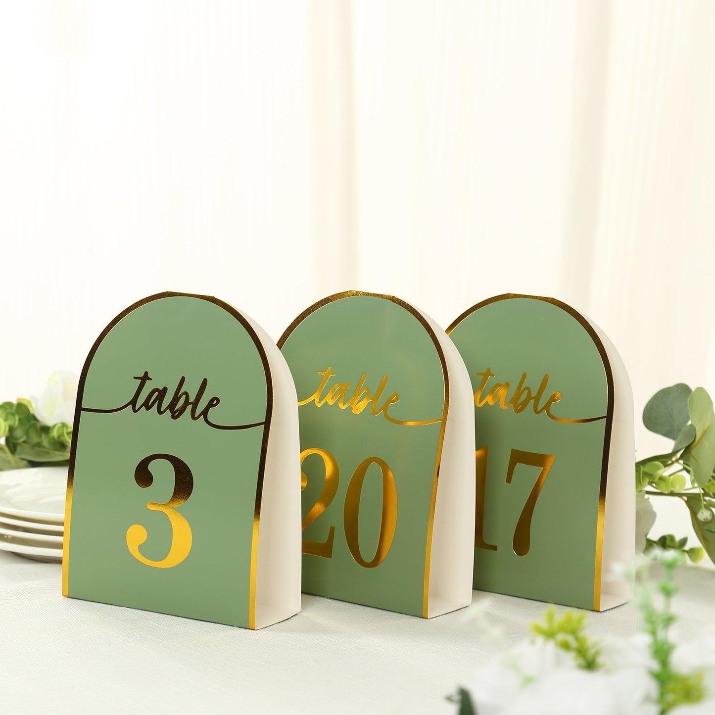 25-Pack 7" Disposable Table Numbers, Sage Green Free Standing Double Sided Table Number Place Cards with Metallic Gold Foil Numbers 1-25