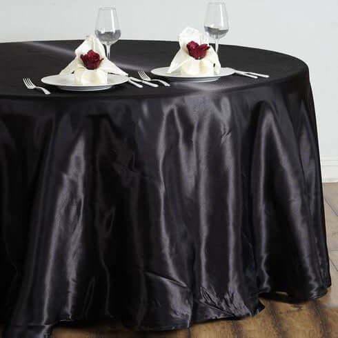 Satin 108" Round Tablecloth Black - Smooth and Lustrous Table Cover for Weddings & Events - Linen Luxes