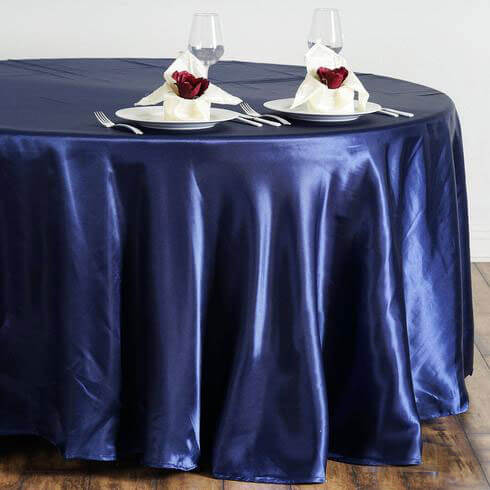 Satin 108" Round Tablecloth Navy Blue - Smooth and Lustrous Table Cover - Linen Luxes
