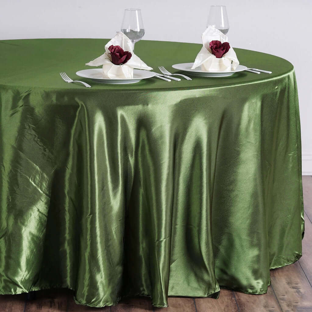 Satin 108" Round Tablecloth Olive Green - Smooth and Lustrous Table Cover - Linen Luxes