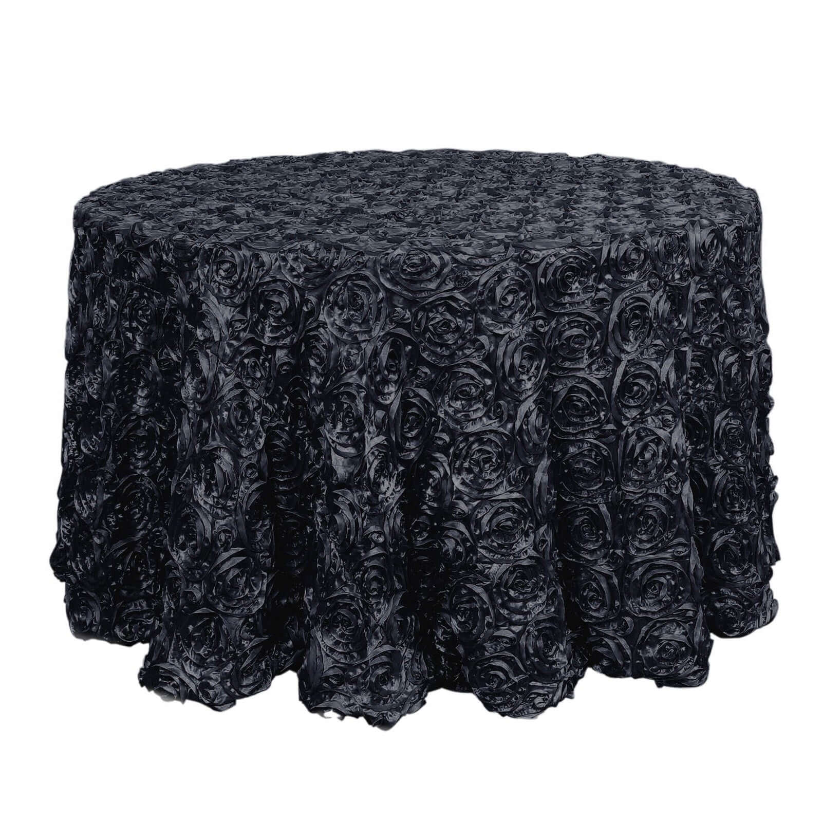 Satin 120" Round Tablecloth Black - Grandiose 3D Rosette with Seamless Finish Table Cover - Linen Luxes