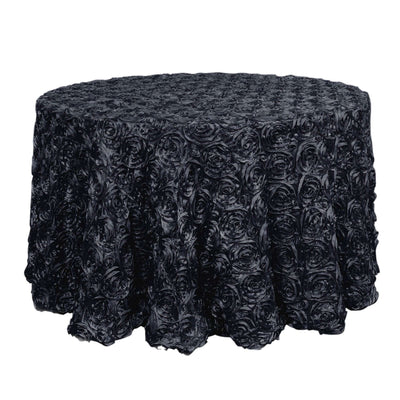 Satin 120" Round Tablecloth Black - Grandiose 3D Rosette with Seamless Finish Table Cover - Linen Luxes