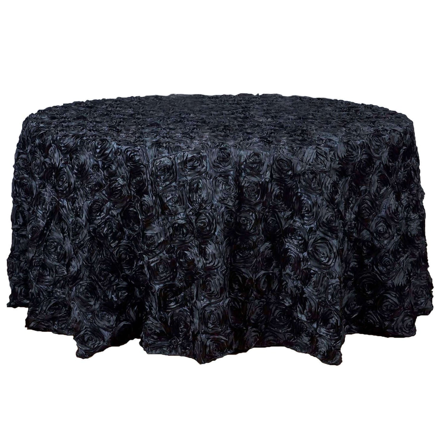 Satin 120" Round Tablecloth Black - Grandiose 3D Rosette with Seamless Finish Table Cover - Linen Luxes