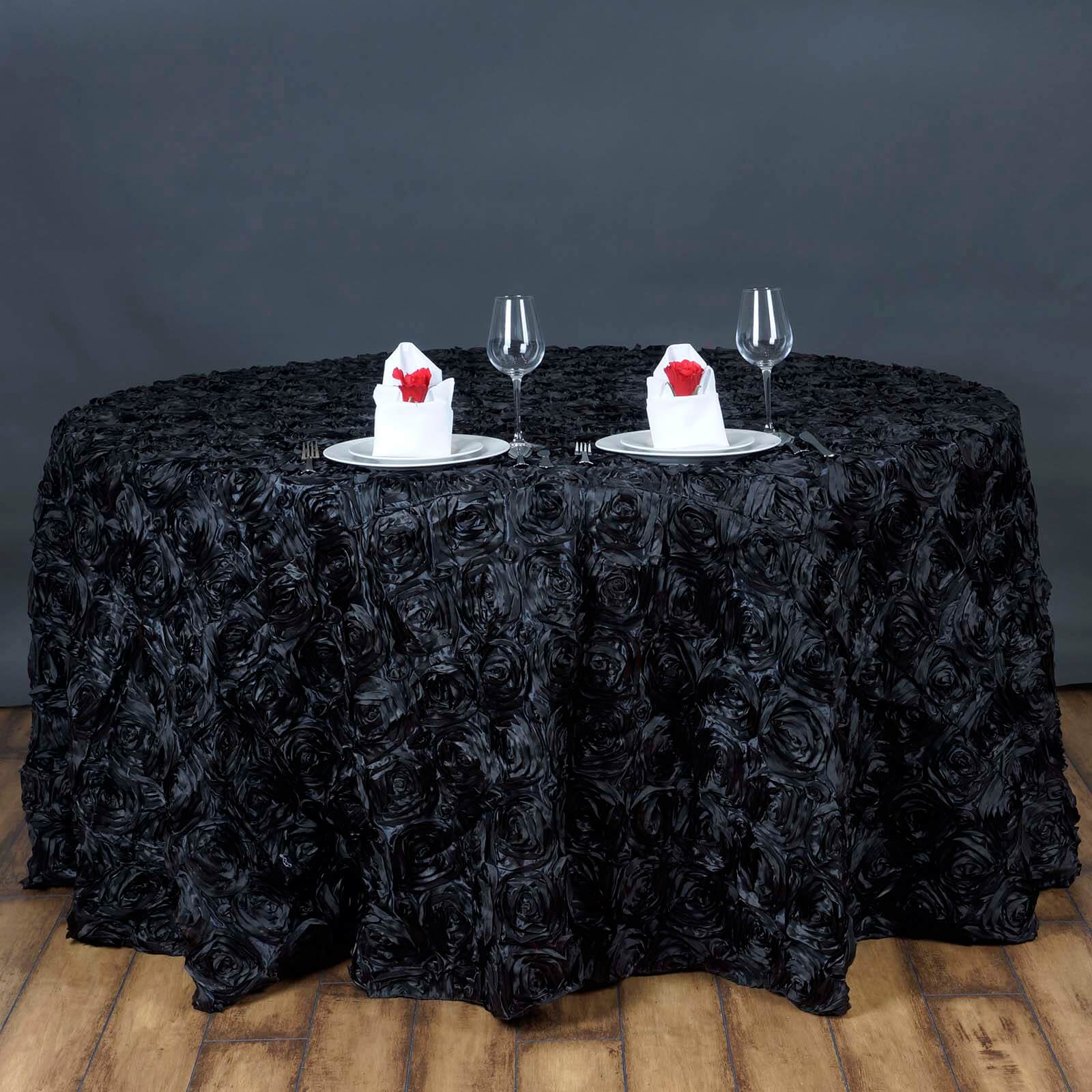 Satin 120" Round Tablecloth Black - Grandiose 3D Rosette with Seamless Finish Table Cover - Linen Luxes