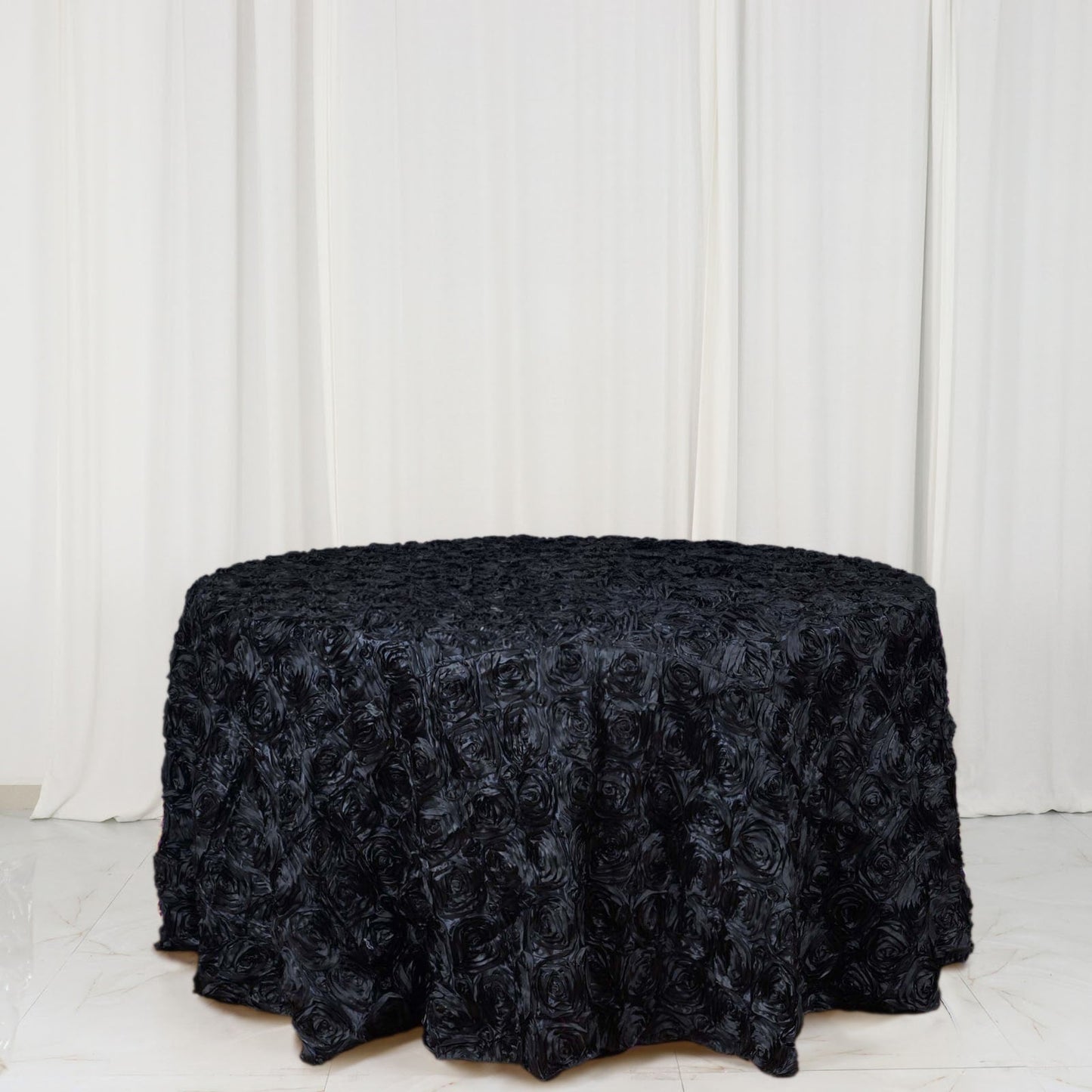 Satin 120" Round Tablecloth Black - Grandiose 3D Rosette with Seamless Finish Table Cover - Linen Luxes