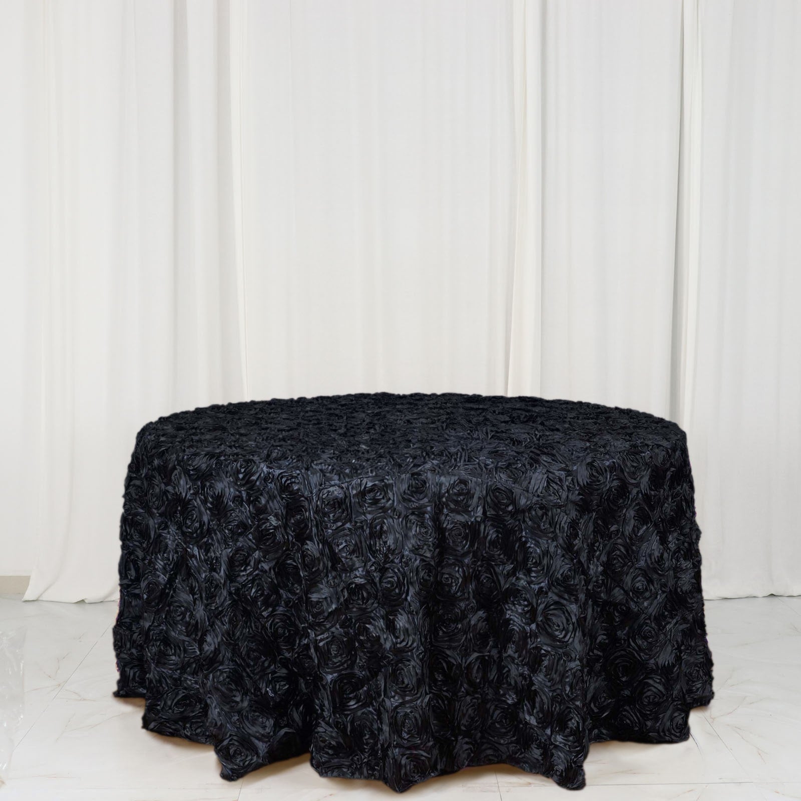 Satin 120" Round Tablecloth Black - Grandiose 3D Rosette with Seamless Finish Table Cover - Linen Luxes