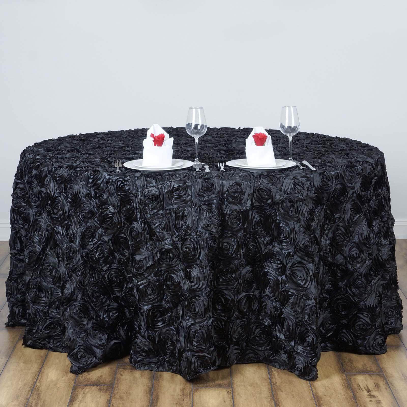 Satin 120" Round Tablecloth Black - Grandiose 3D Rosette with Seamless Finish Table Cover - Linen Luxes