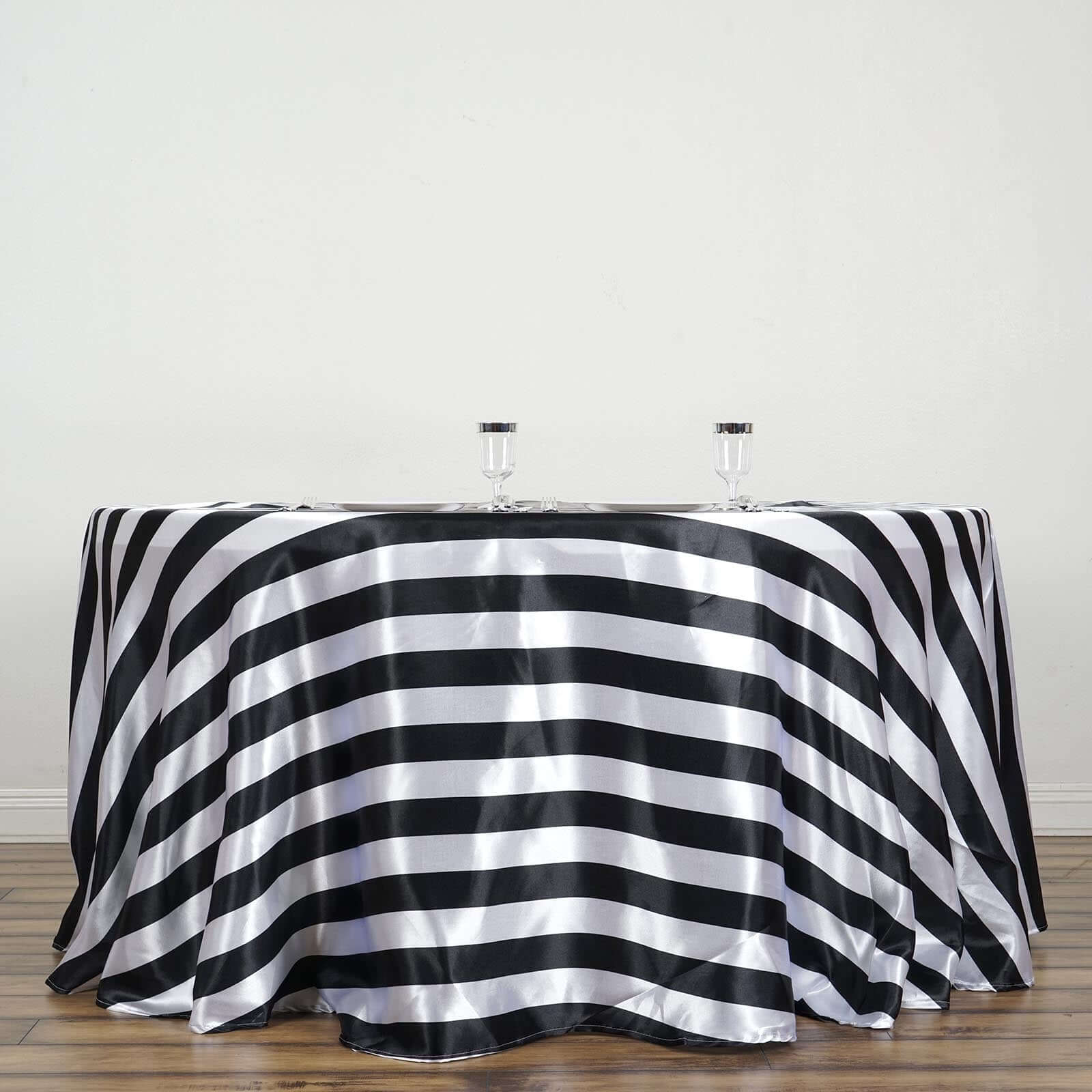 Satin 120" Round Tablecloth Black/White - Stripe Design with Seamless Silky Smooth Finish Table Cover - Linen Luxes