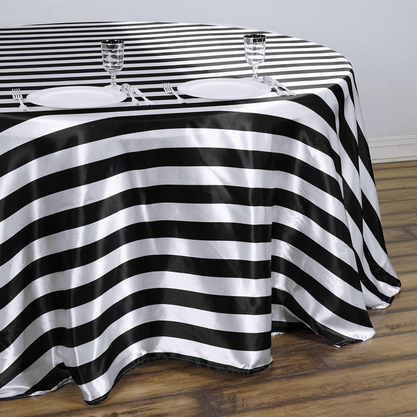 Satin 120" Round Tablecloth Black/White - Stripe Design with Seamless Silky Smooth Finish Table Cover - Linen Luxes