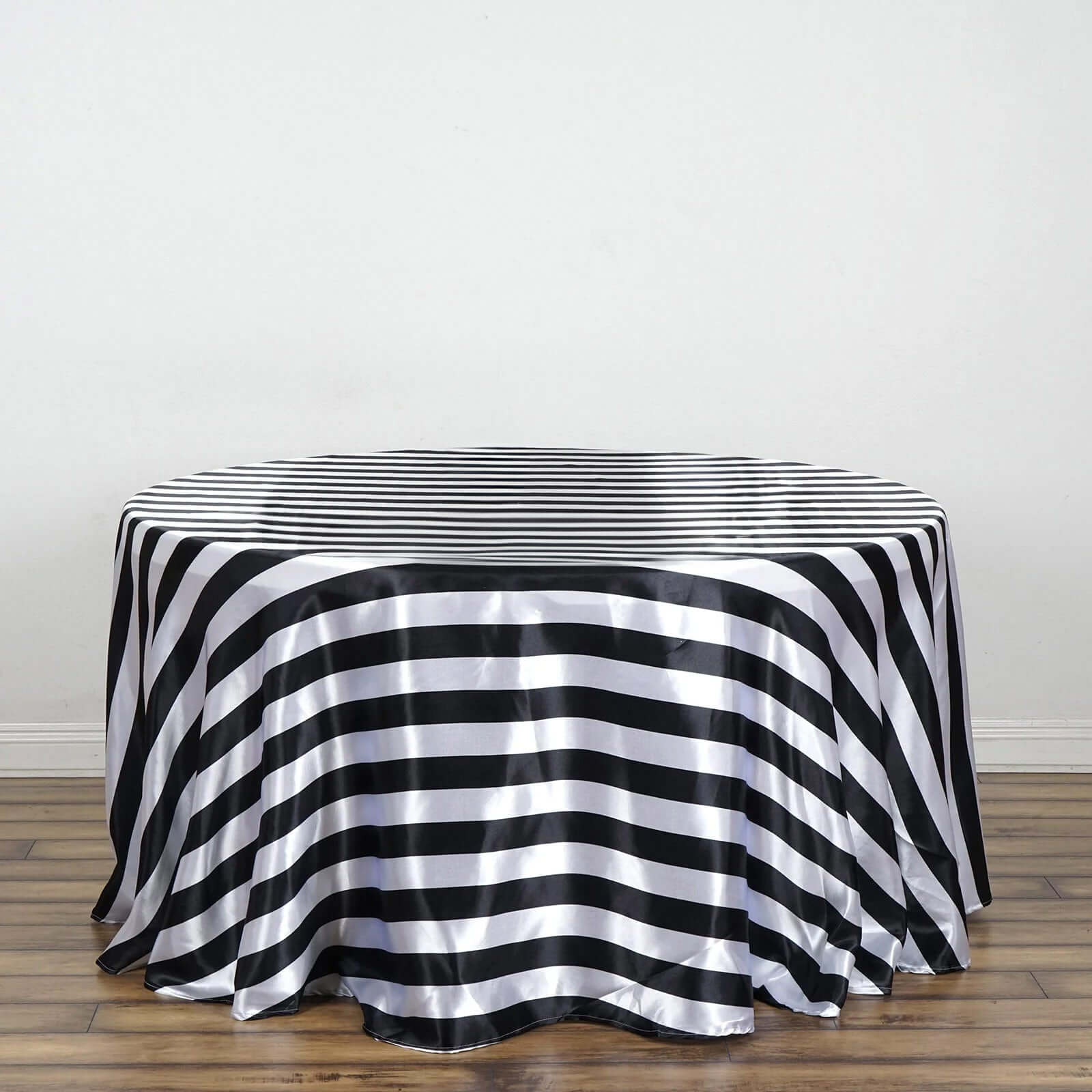 Satin 120" Round Tablecloth Black/White - Stripe Design with Seamless Silky Smooth Finish Table Cover - Linen Luxes